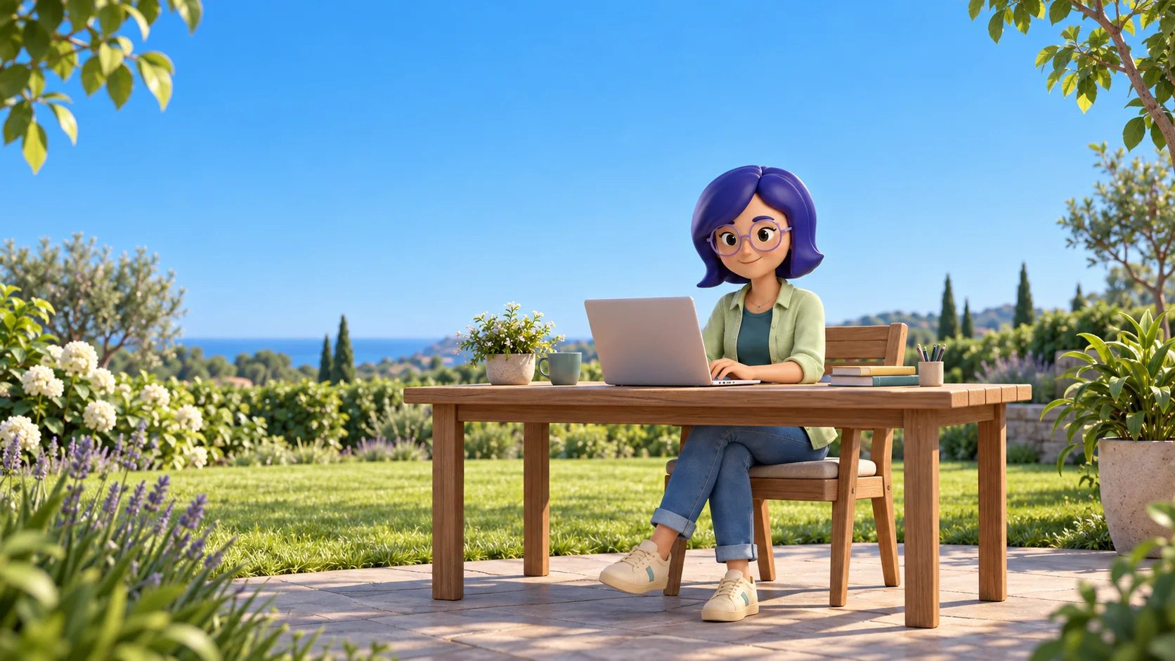 IAra trabalhando no notebook em uma mesa de madeira no jardim, com plantas e céu azul.